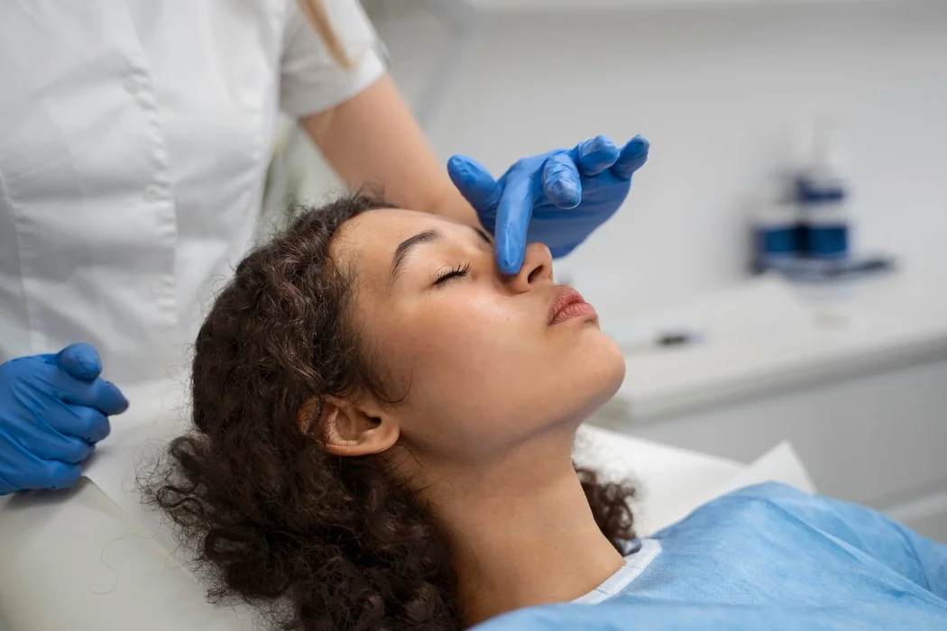 Clinician assessing a patient’s nose for non-surgical rhinoplasty at Aesthetics Residence in Pyrmont NSW